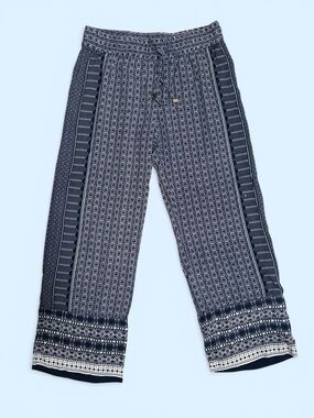 Navy Boho Print Wide Leg Crop Pants Size M Pull-On Rayon